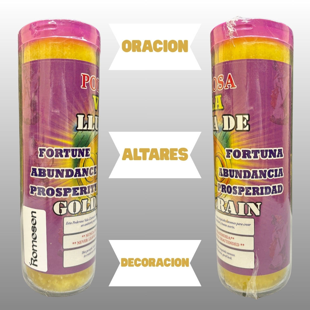 Romesen Lluvia de Oro, Veladora 7-Dias, Gold Rain 7-Day Fixed Prayer Candle