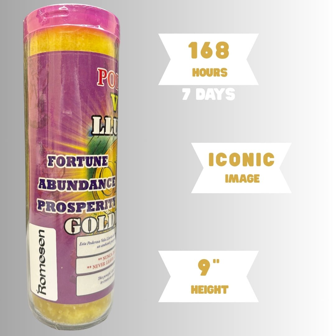 Romesen Lluvia de Oro, Veladora 7-Dias, Gold Rain 7-Day Fixed Prayer Candle