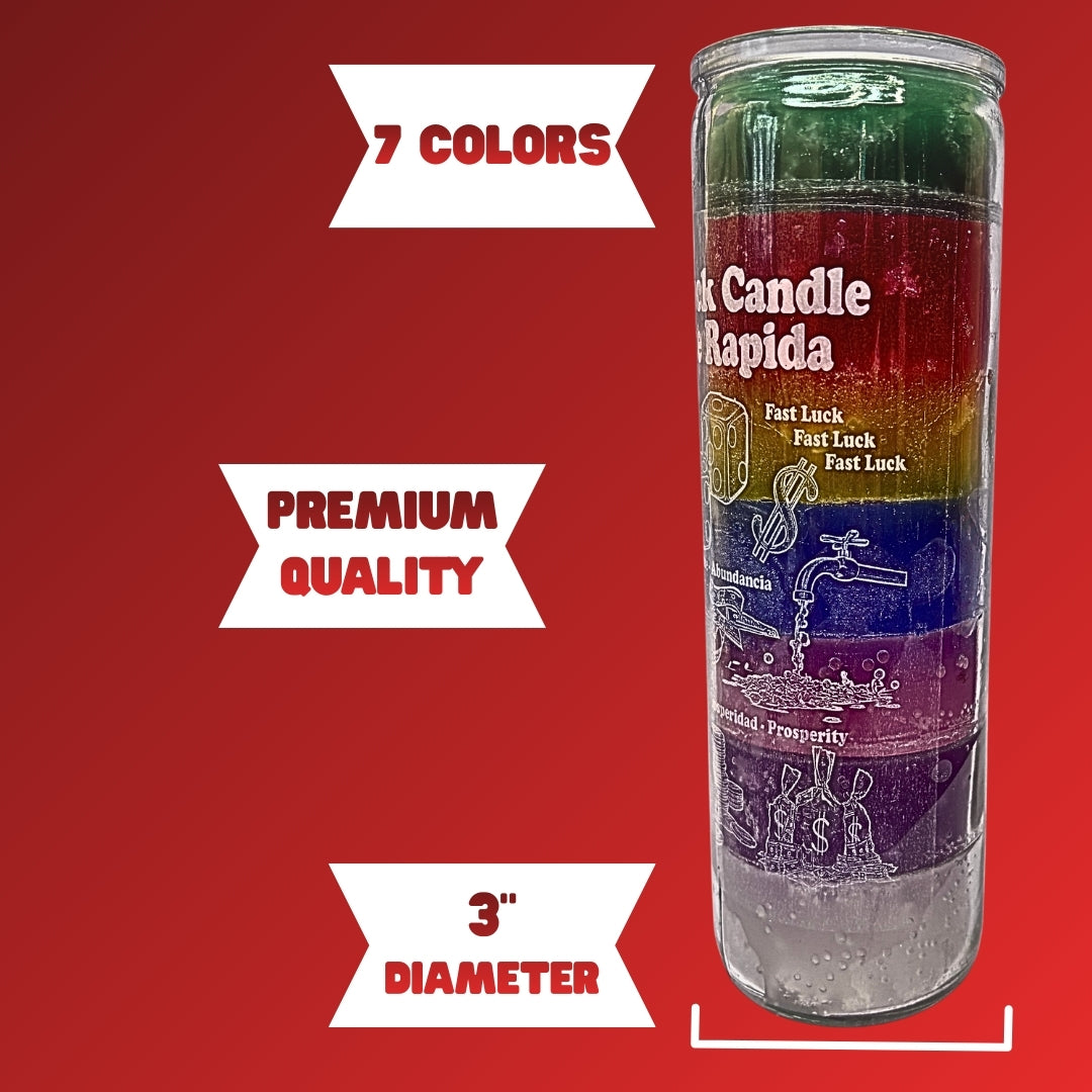 Romesen Suerte Rapida, Veladora 7-Colores 7-Dias, Fast Luck 7-Day, 7 Color Prayer Candle