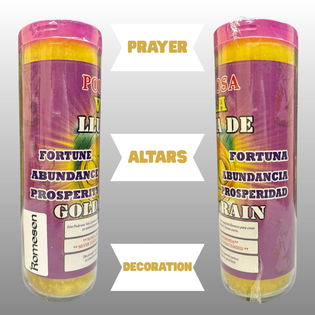 Romesen Lluvia de Oro, Veladora 7-Dias, Gold Rain 7-Day Fixed Prayer Candle