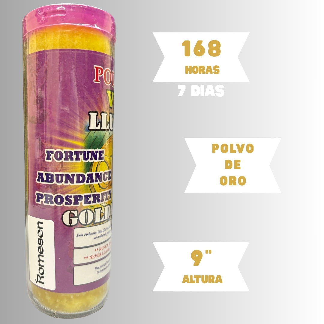 Romesen Lluvia de Oro, Veladora 7-Dias, Gold Rain 7-Day Fixed Prayer Candle