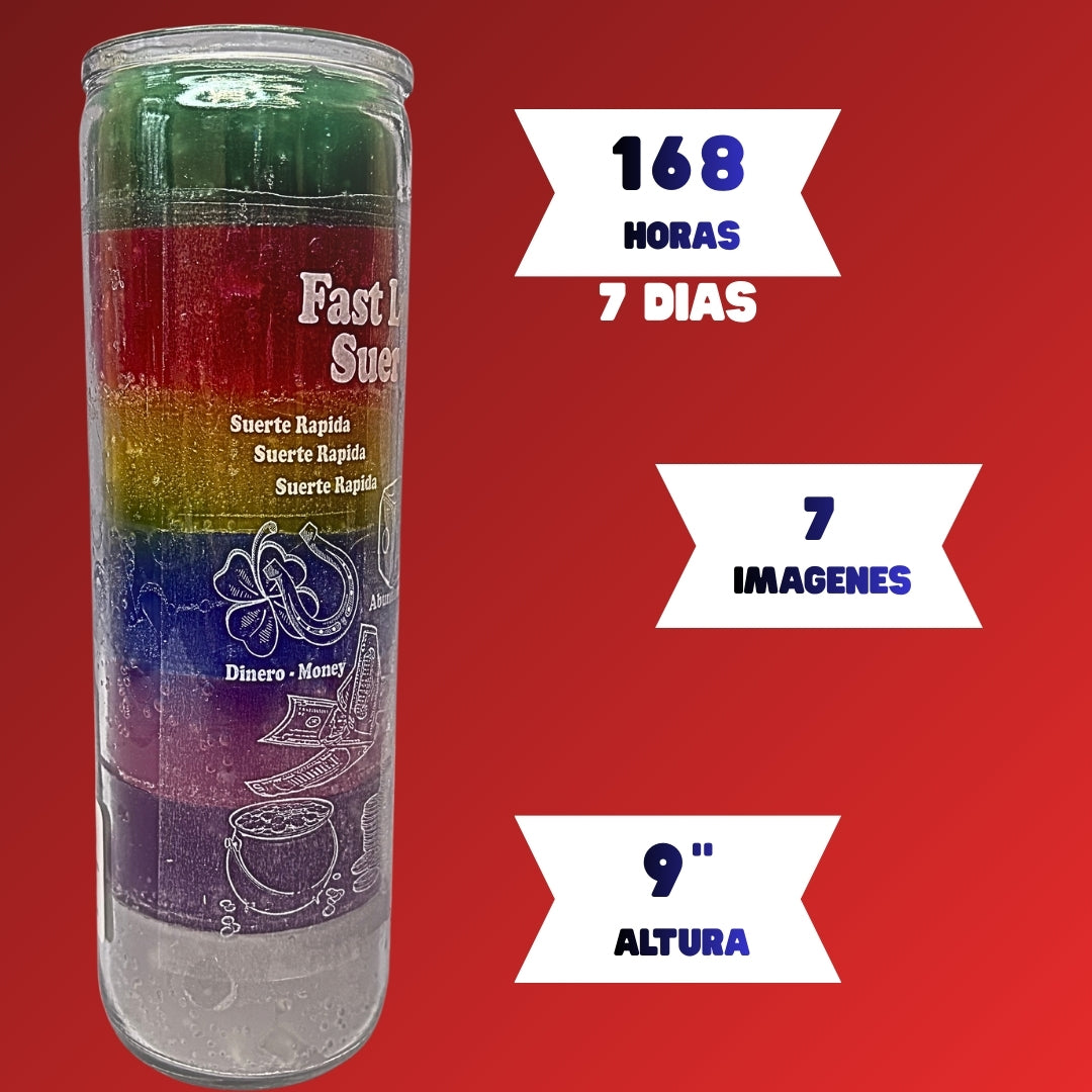Romesen Suerte Rapida, Veladora 7-Colores 7-Dias, Fast Luck 7-Day, 7 Color Prayer Candle